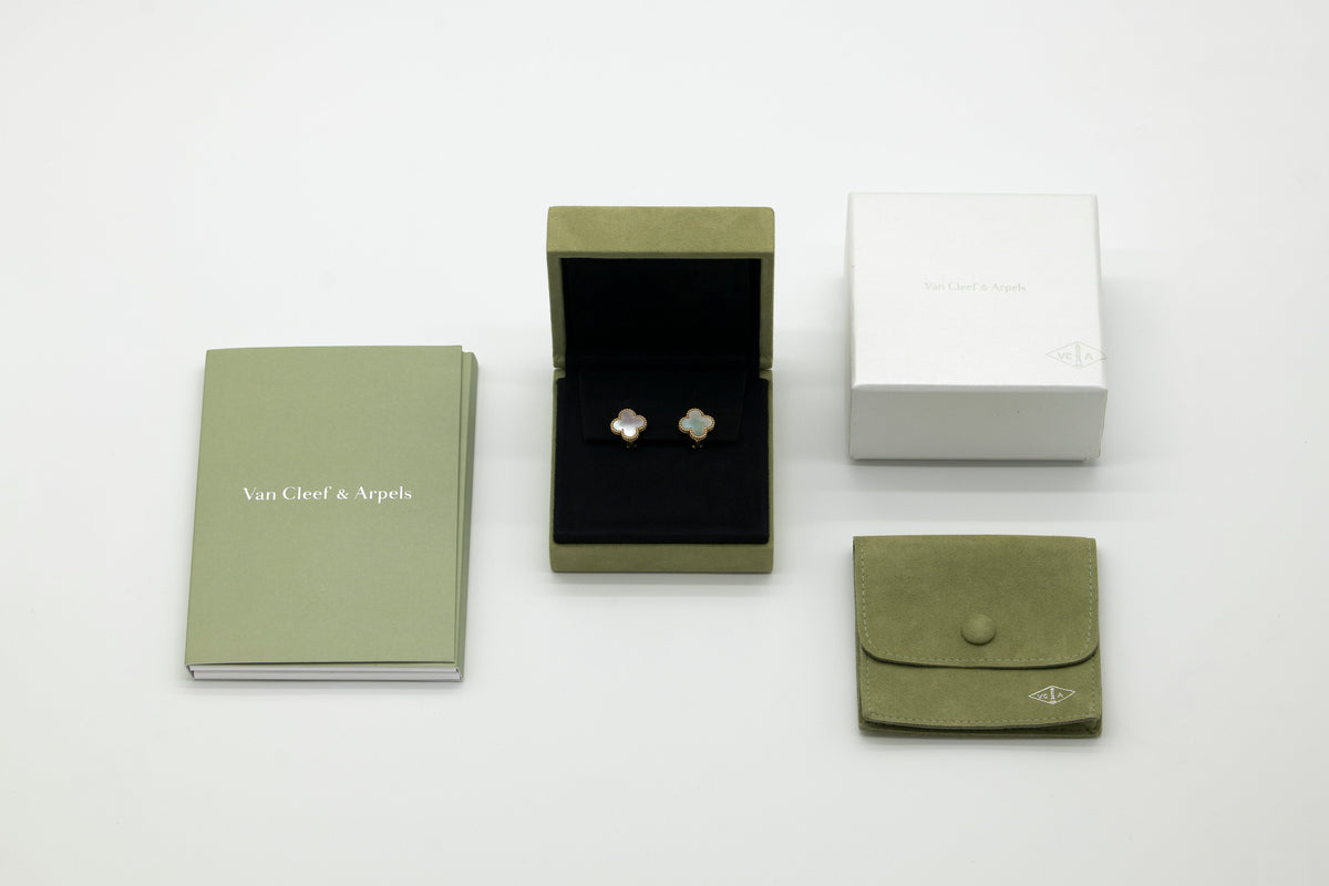Van Cleef & Arpels Mother of Pearl Vintage Alhambra Earrings 18K Yellow Gold Full Set