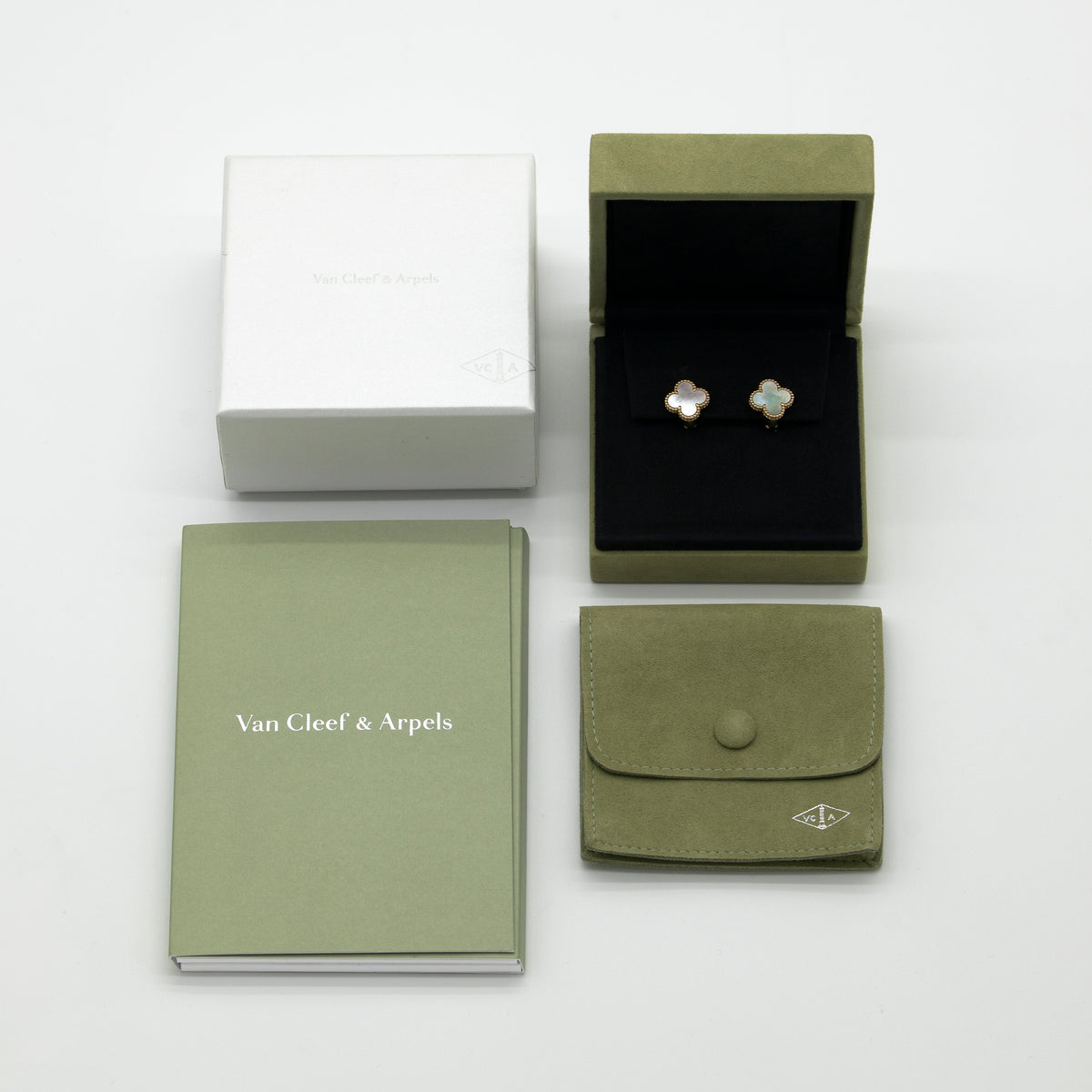 Van Cleef & Arpels Mother of Pearl Vintage Alhambra Earrings 18K Yellow Gold Full Set