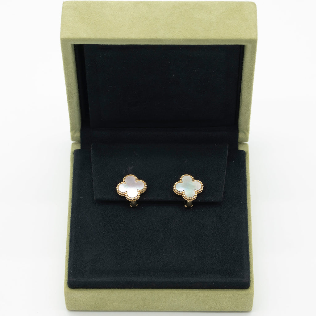 Van Cleef & Arpels Mother of Pearl Vintage Alhambra Earrings 18K Yellow Gold Full Set