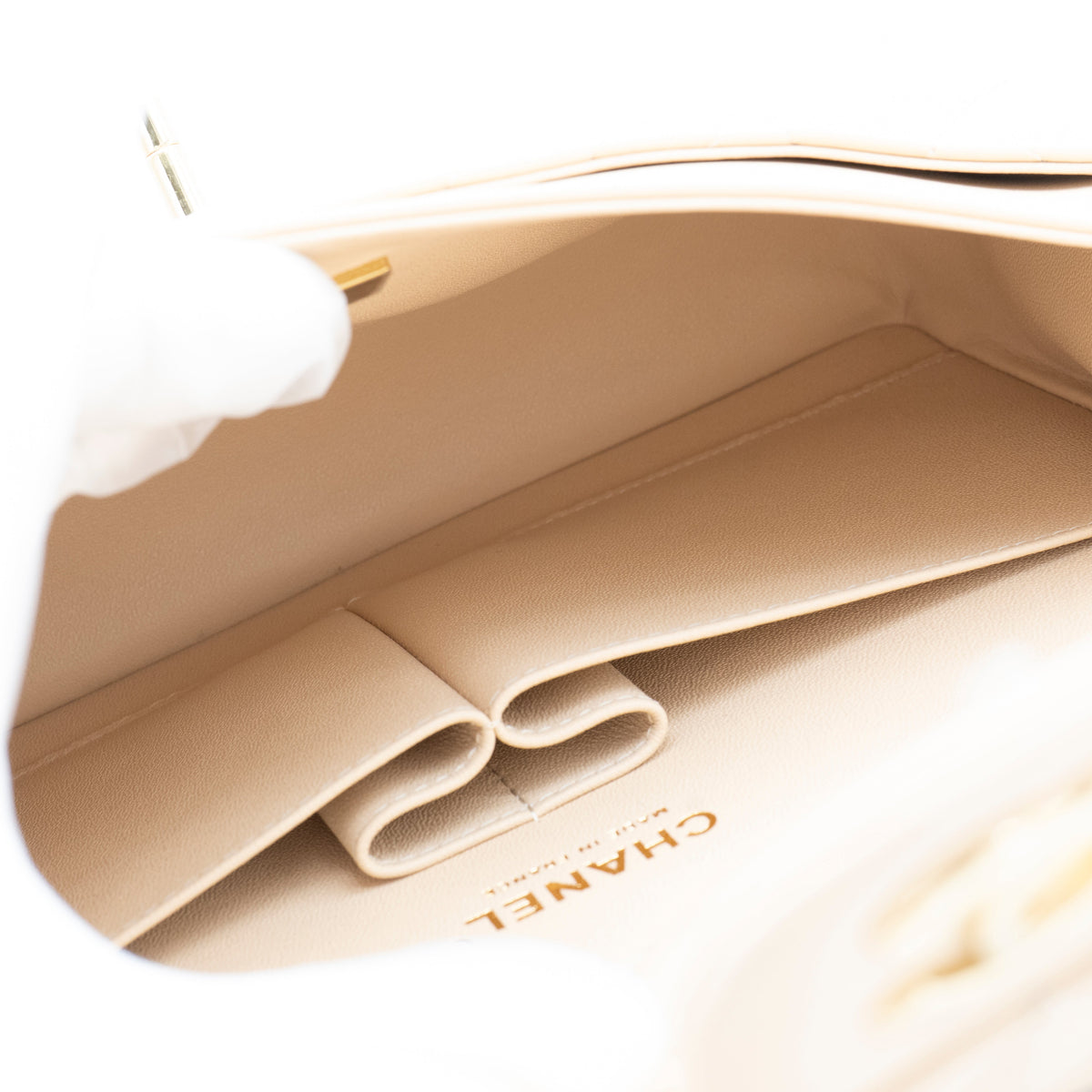 NEW CHANEL Medium Classic Flap Beige Clair Lambskin Quilted Gold Hardware Full Set