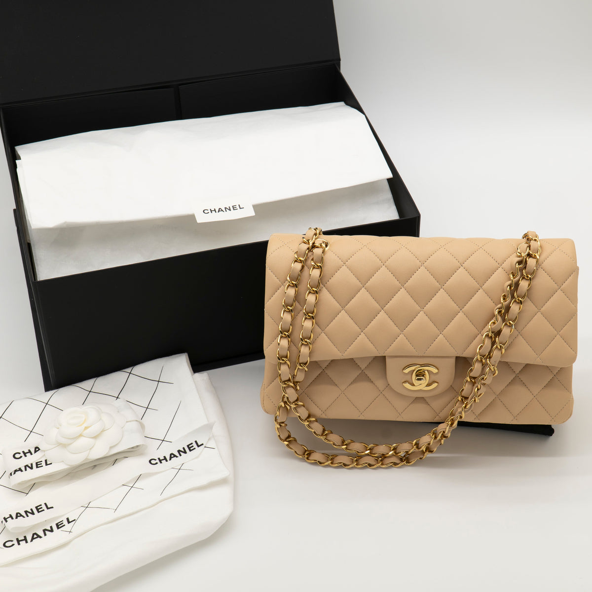 NEW CHANEL Medium Classic Flap Beige Clair Lambskin Quilted Gold Hardware Full Set