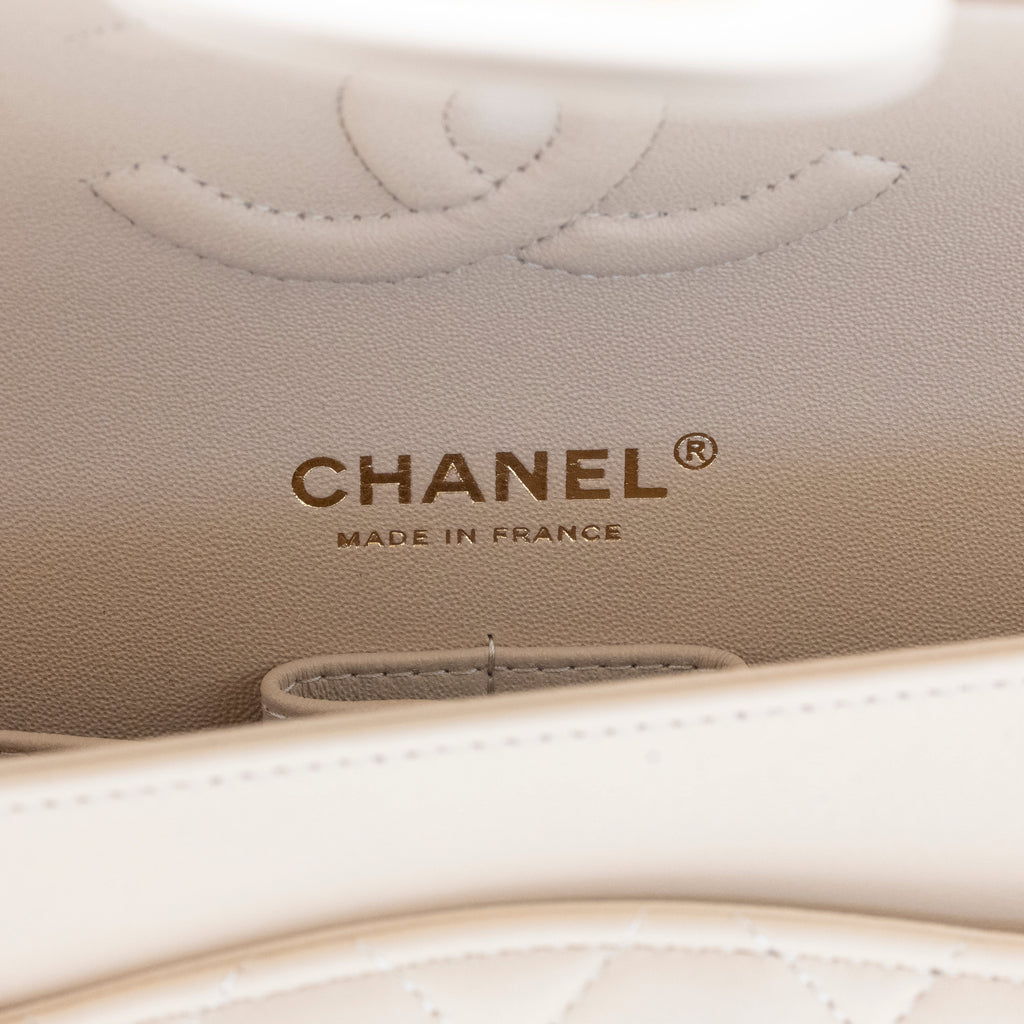 NEW CHANEL Medium Classic Flap Beige Clair Lambskin Quilted Gold Hardware Full Set