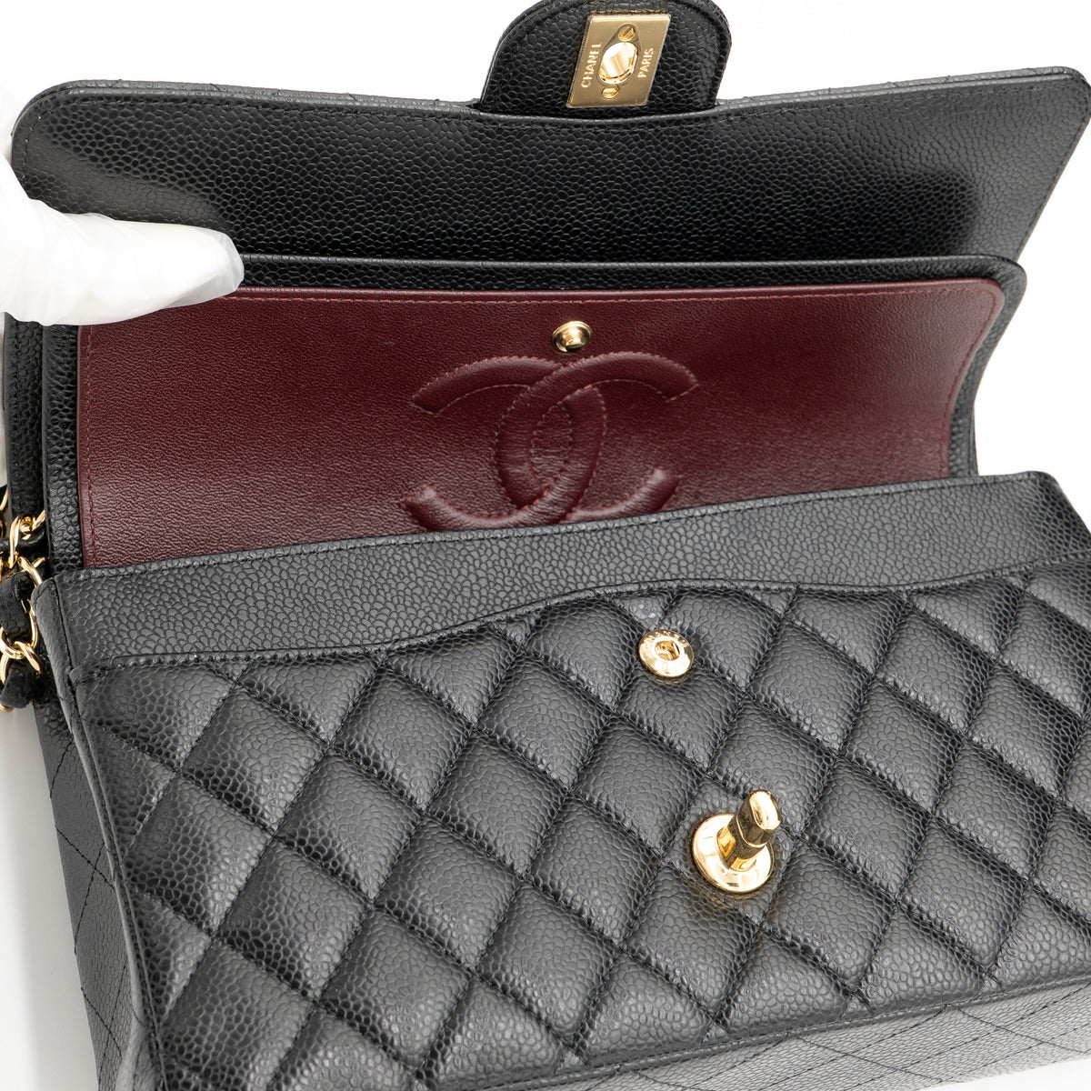 CHANEL Medium Classic Flap Black Caviar Gold Hardware Full Set
