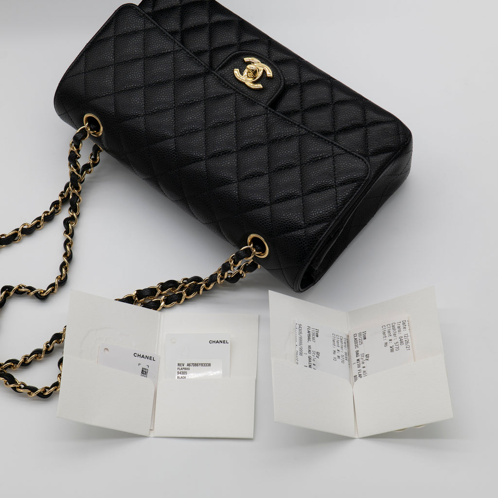 CHANEL Medium Classic Flap Black Caviar Gold Hardware Full Set