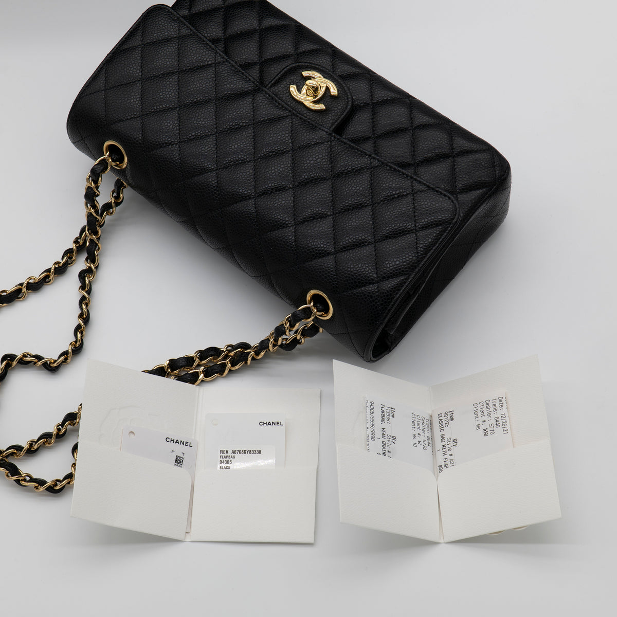 CHANEL Medium Classic Flap Black Caviar Gold Hardware Full Set