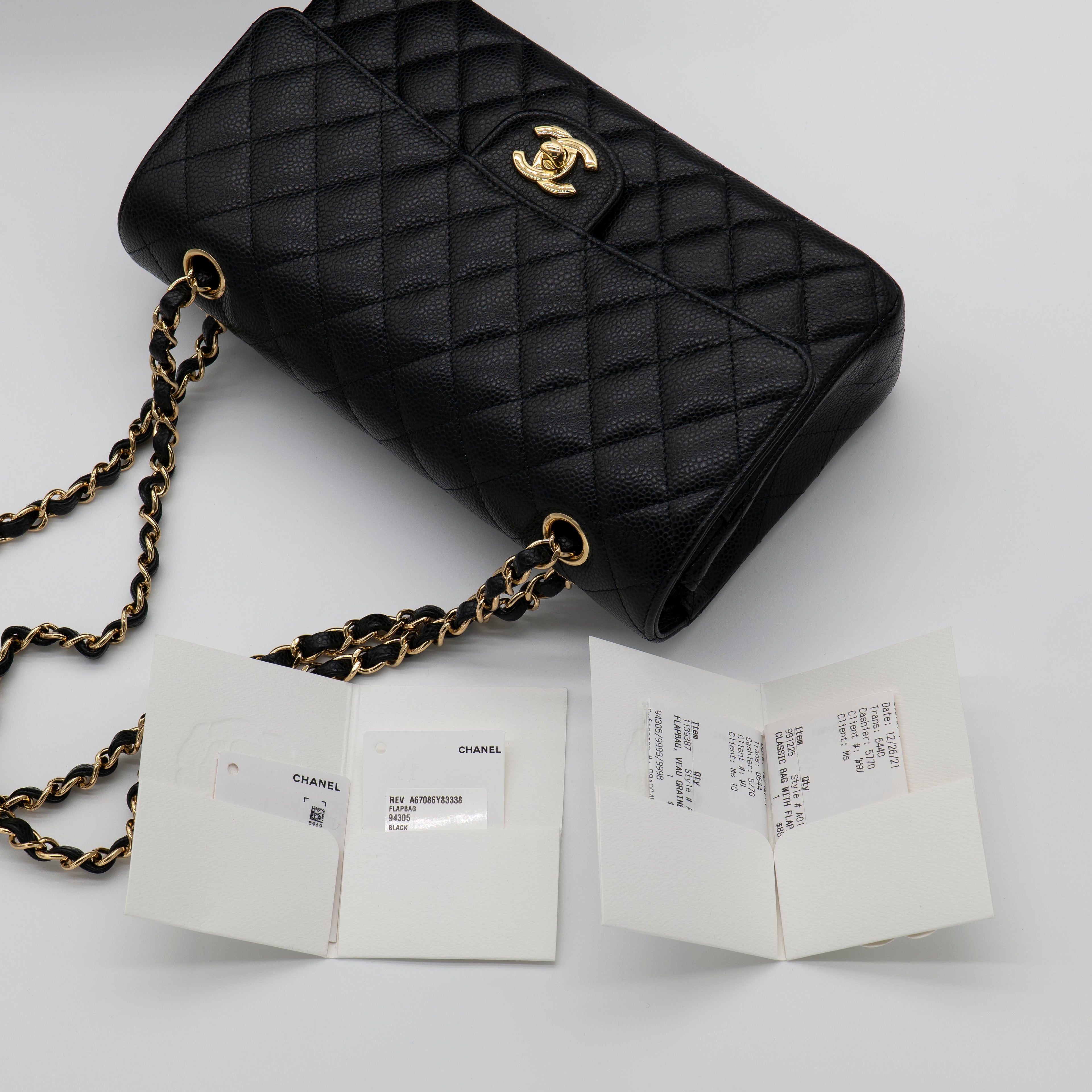 CHANEL Medium Classic Flap Black Caviar Gold Hardware Full Set