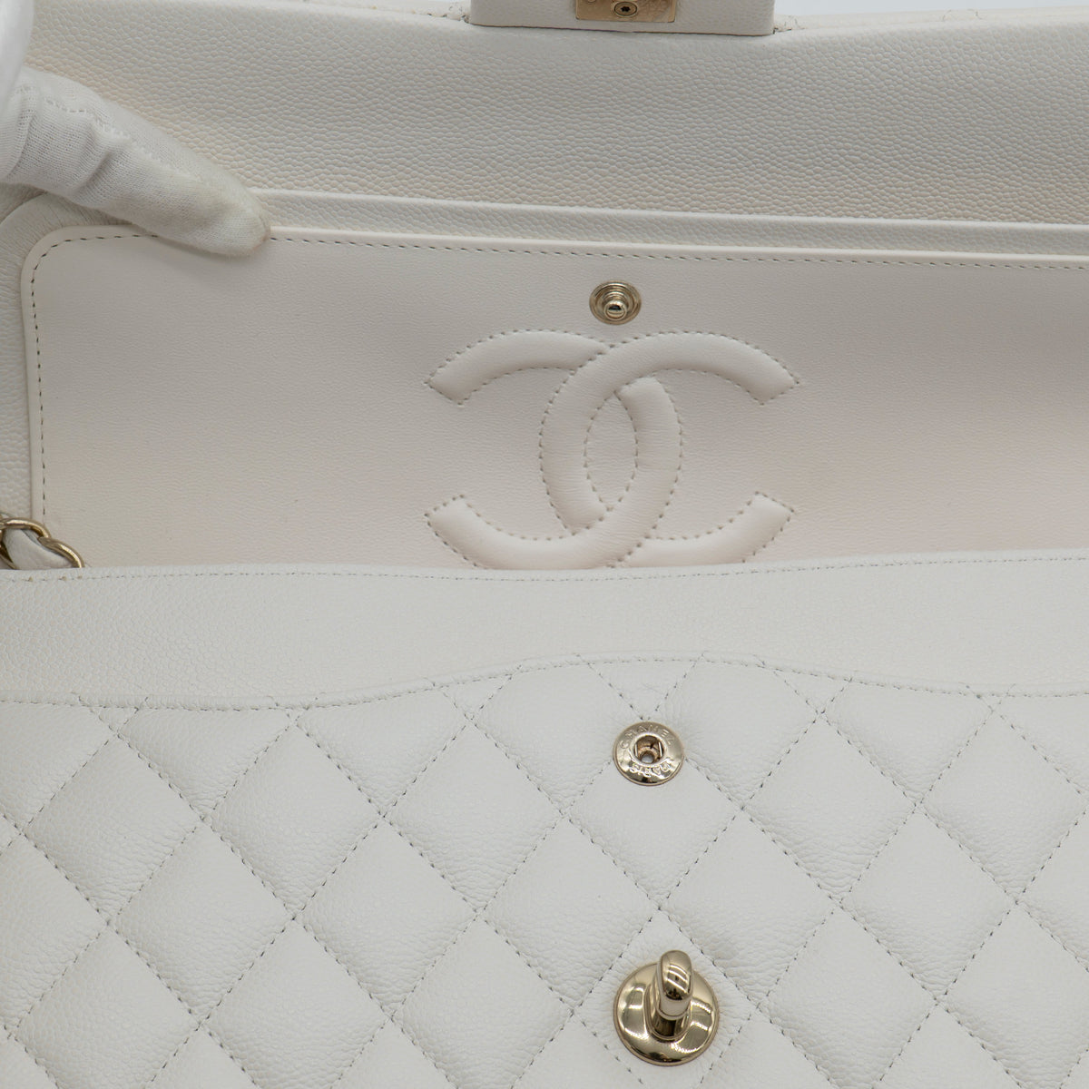 NEW CHANEL Medium Classic Flap White Caviar Quilted Light Gold Hardware Full Set