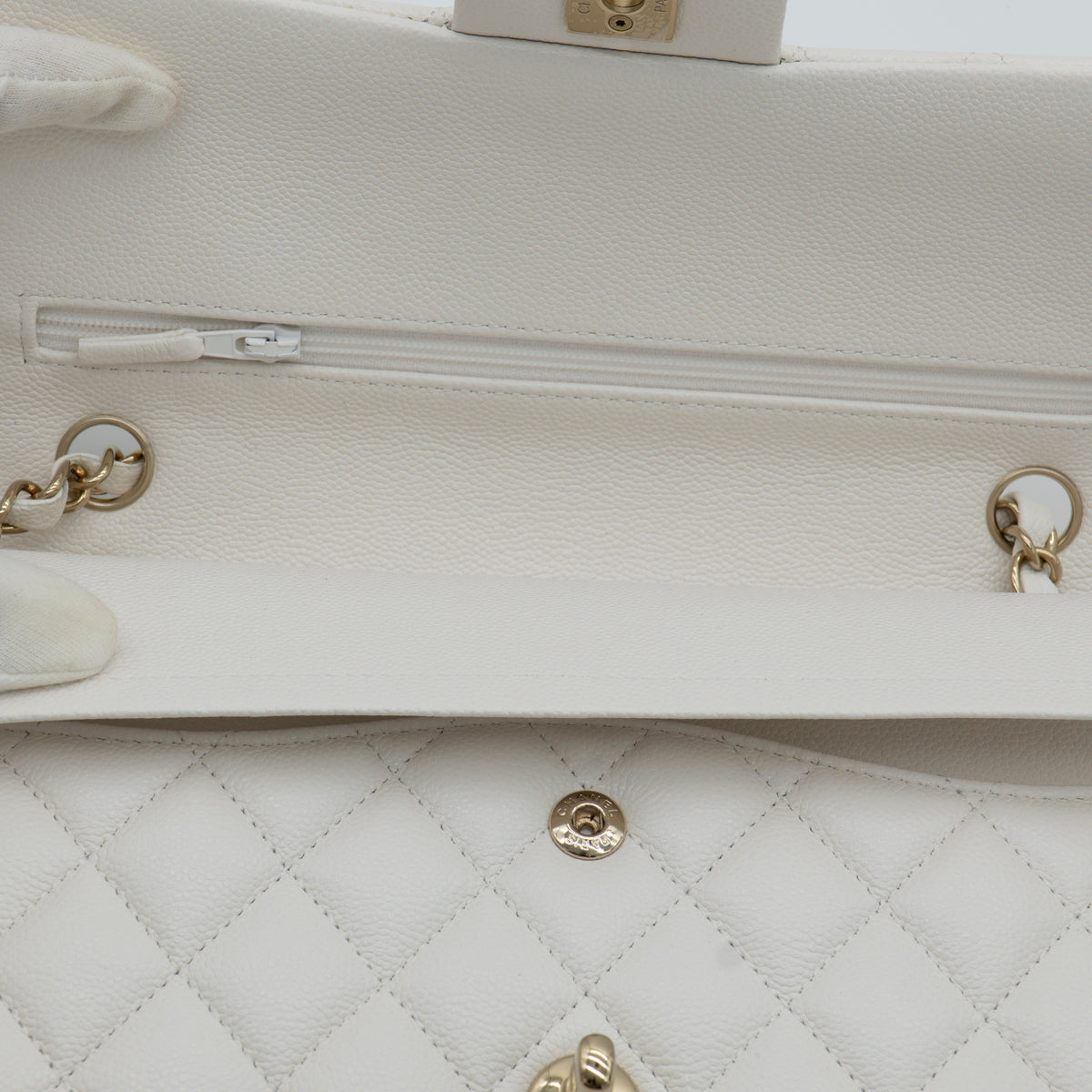 NEW CHANEL Medium Classic Flap White Caviar Quilted Light Gold Hardware Full Set