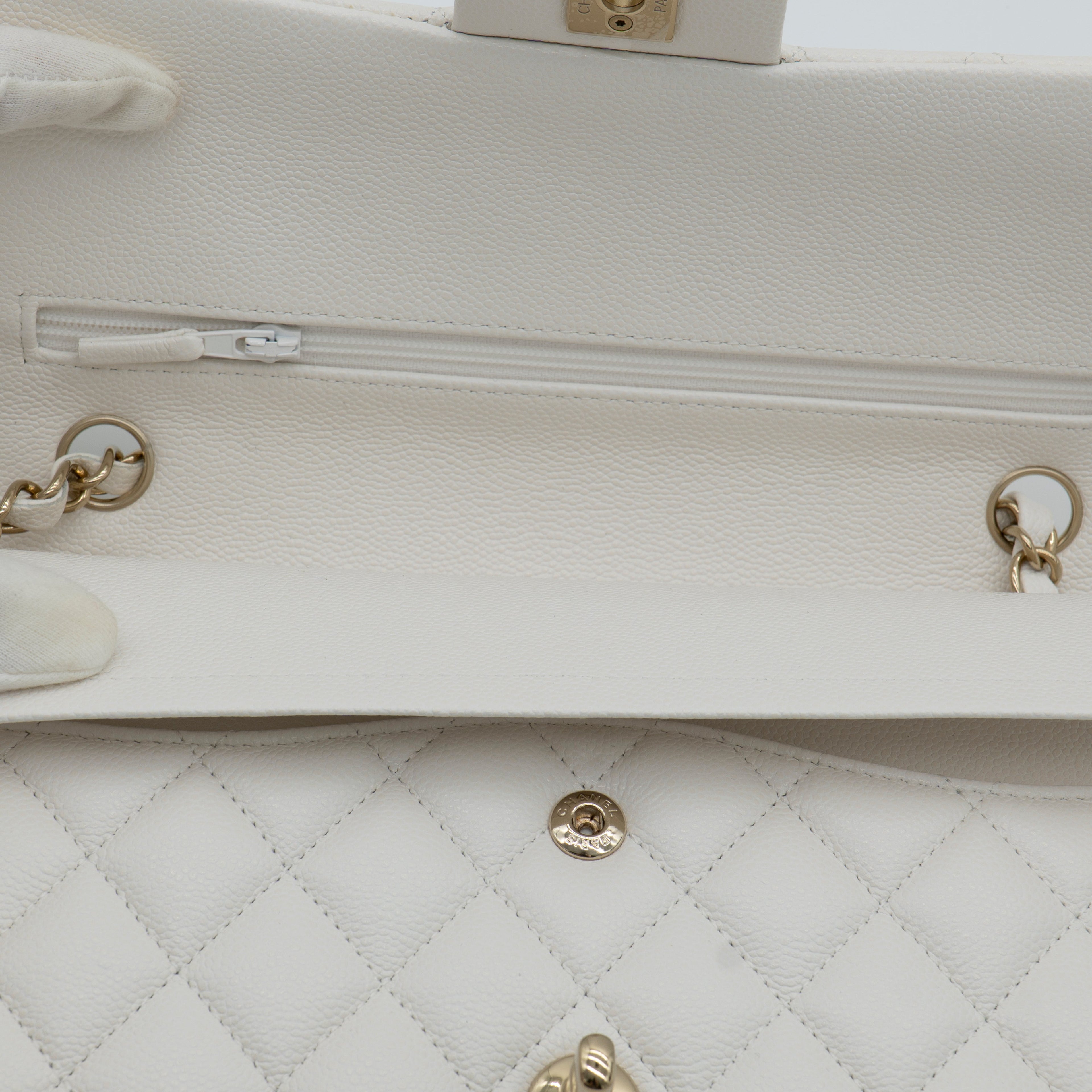 NEW CHANEL Medium Classic Flap White Caviar Quilted Light Gold Hardware Full Set