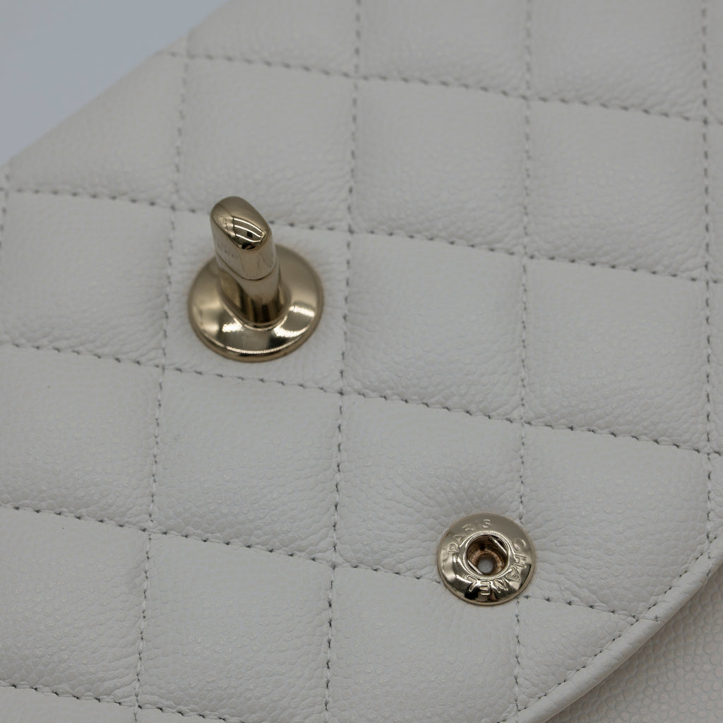 NEW CHANEL Medium Classic Flap White Caviar Quilted Light Gold Hardware Full Set