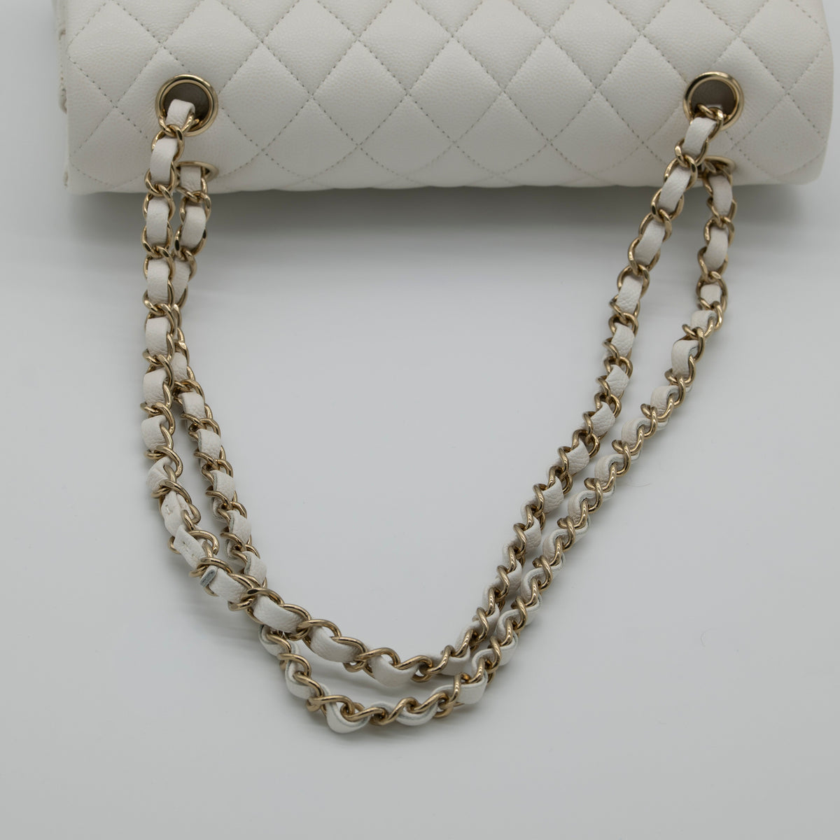 NEW CHANEL Medium Classic Flap White Caviar Quilted Light Gold Hardware Full Set
