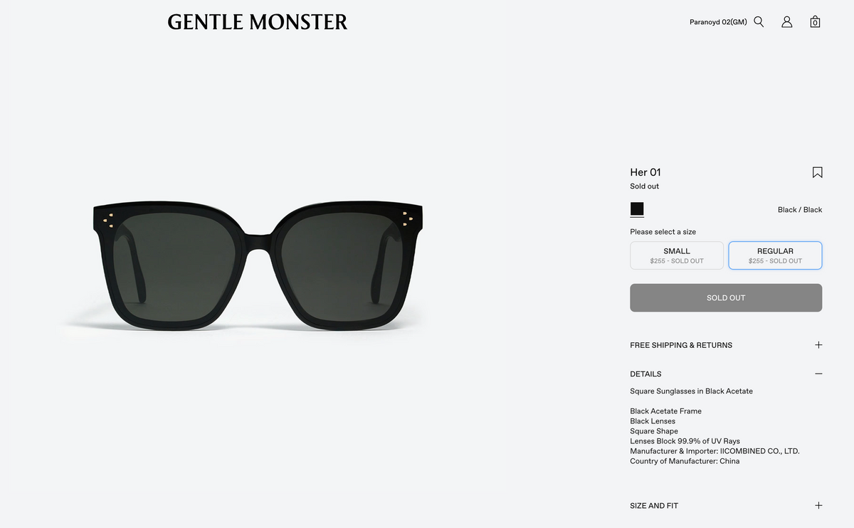 Gentle Monster Her 01 Unisex Square Sunglasses Full Set