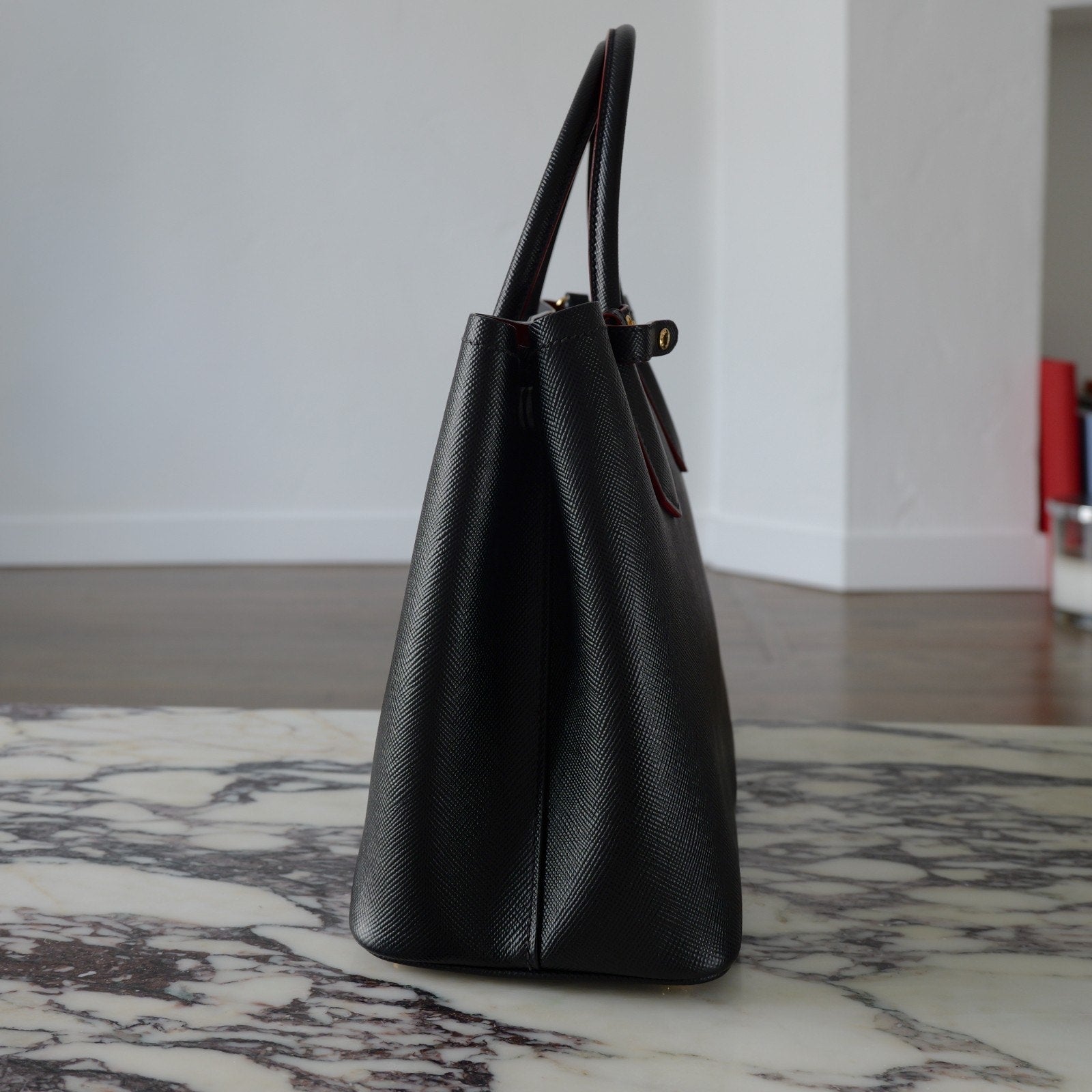 Prada Black/Fiery Red Medium Double Saffiano Cuir Leather Bag 1BG775