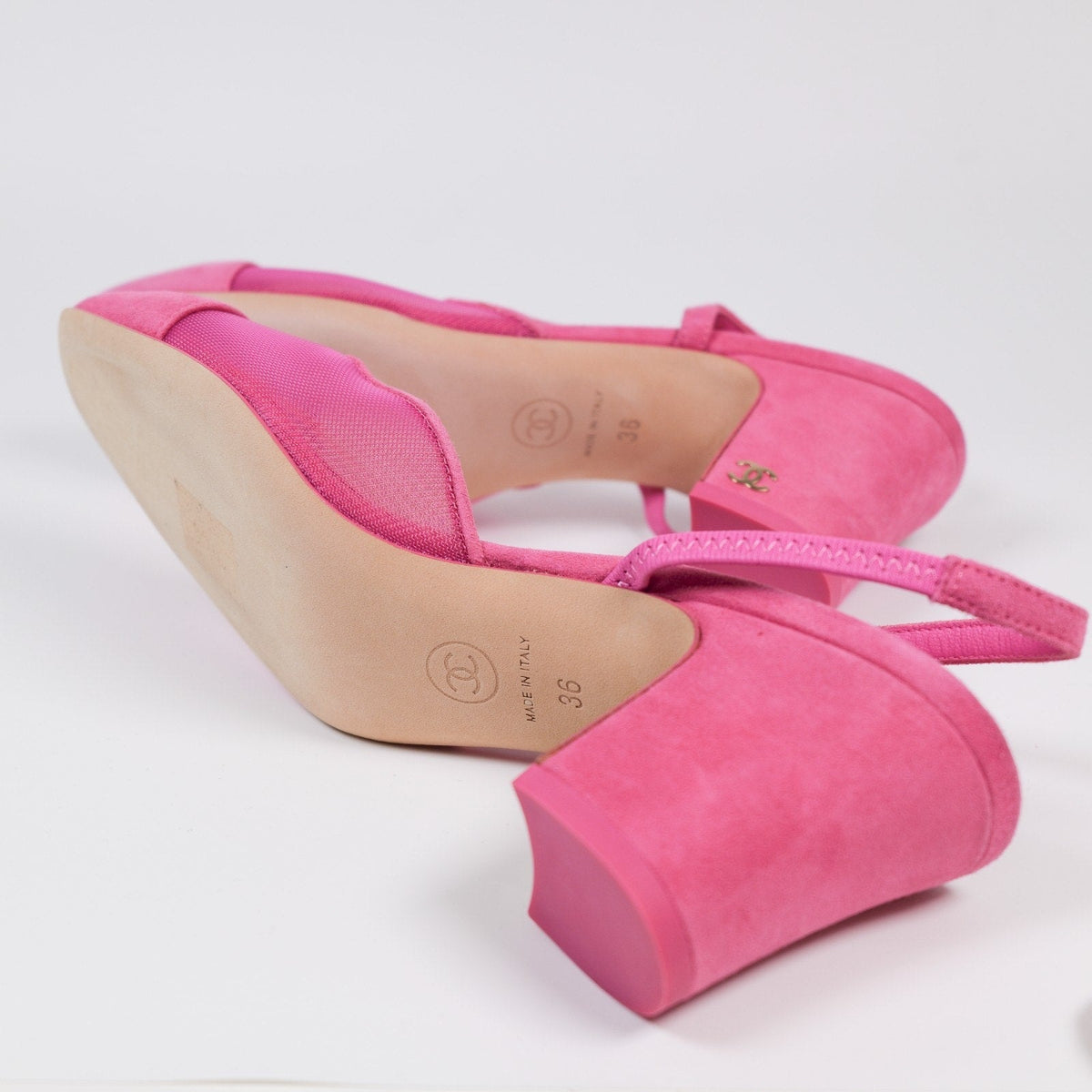 CHANEL Pink Mesh with Suede Cap Toe Slingback Pumps EU 36