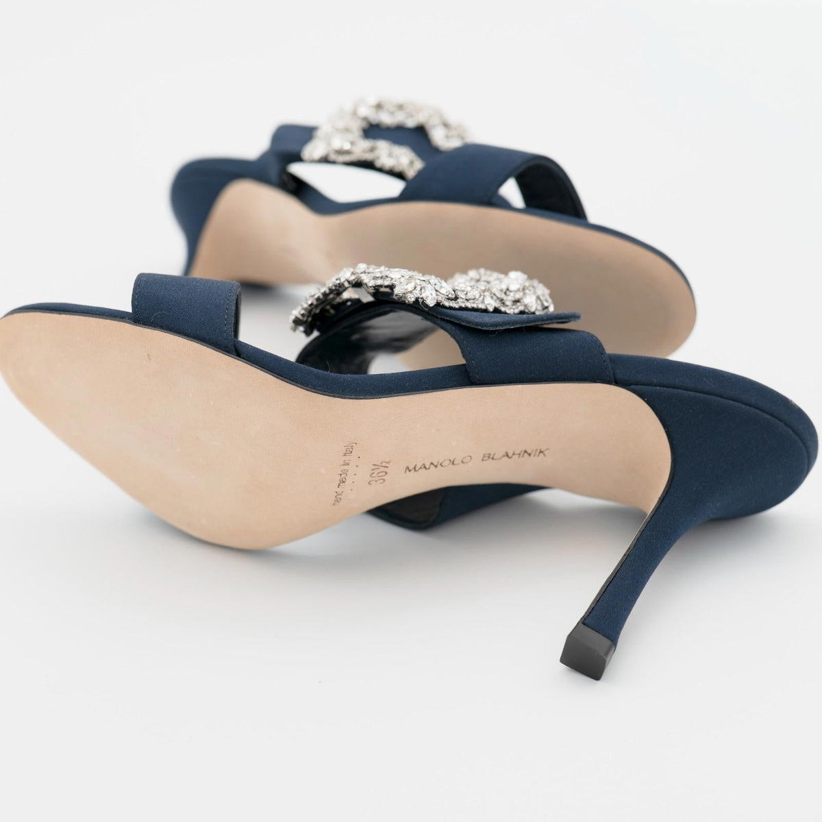 Manolo Blahnik Navy Gable 90 Jewel Buckle Mules Size 36