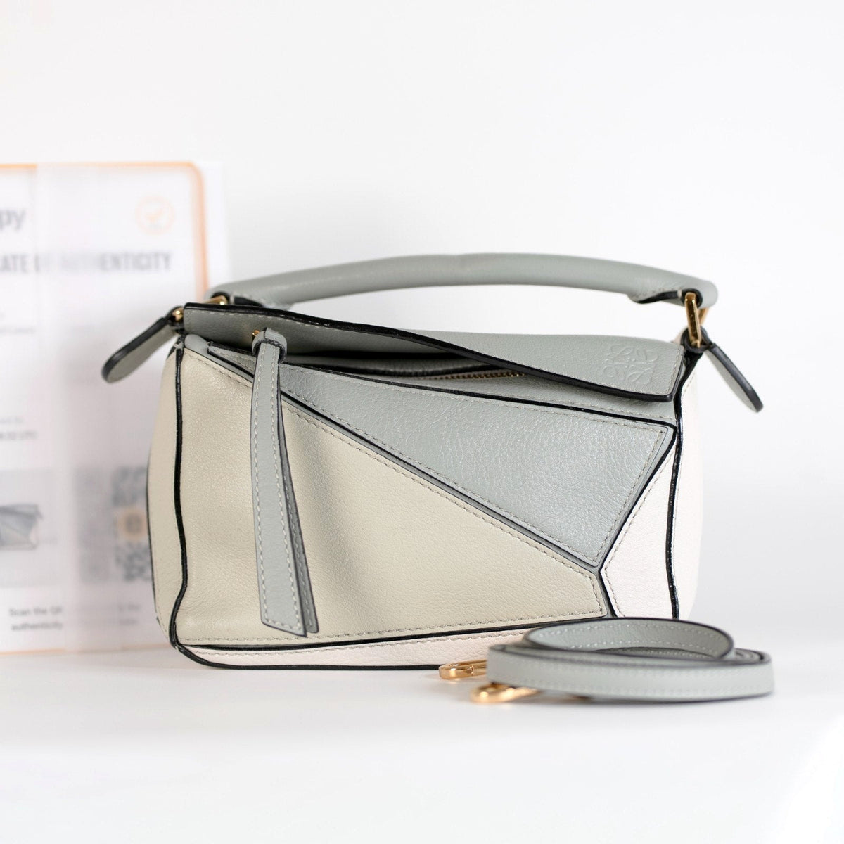 Loewe Mini Puzzle Leather Shoulder Bag White/Ash Grey/Marble Green