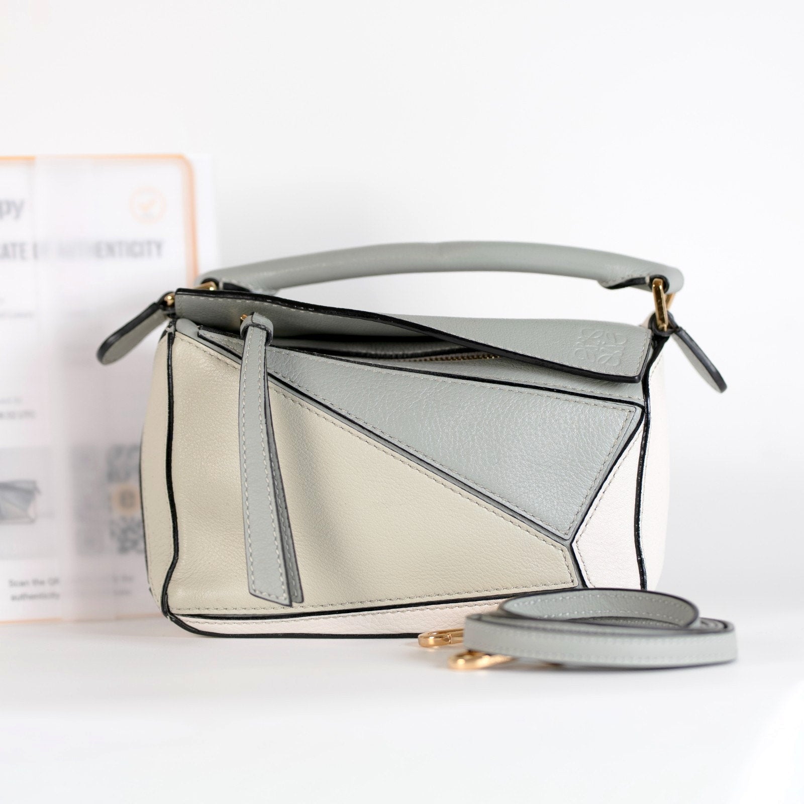 Loewe Mini Puzzle Leather Shoulder Bag White/Ash Grey/Marble Green