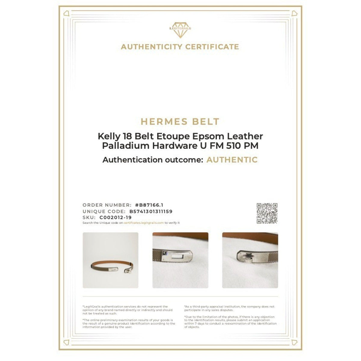 Hermès Kelly 18 Belt Etoupe Epsom Leather Palladium Hardware U 2022