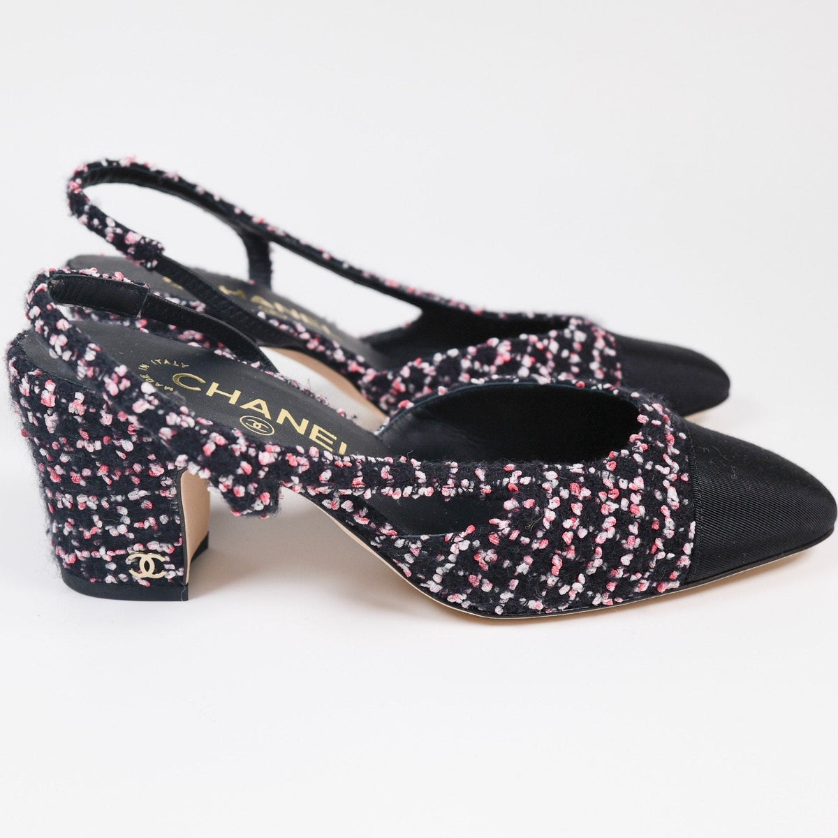 Chanel Pink/Black/White Tweed Grosgrain Cap Toe Slingback Pumps Size 36