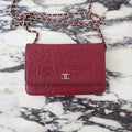 CHANEL Dark Red Camellia Embossed WOC Lambskin SHW A47421