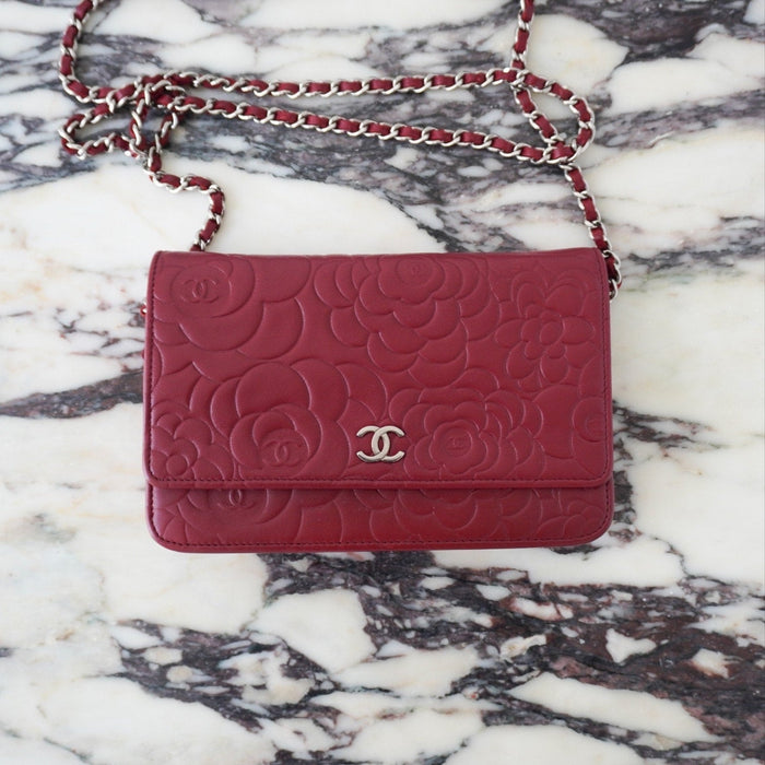 CHANEL Dark Red Camellia Embossed WOC Lambskin SHW A47421