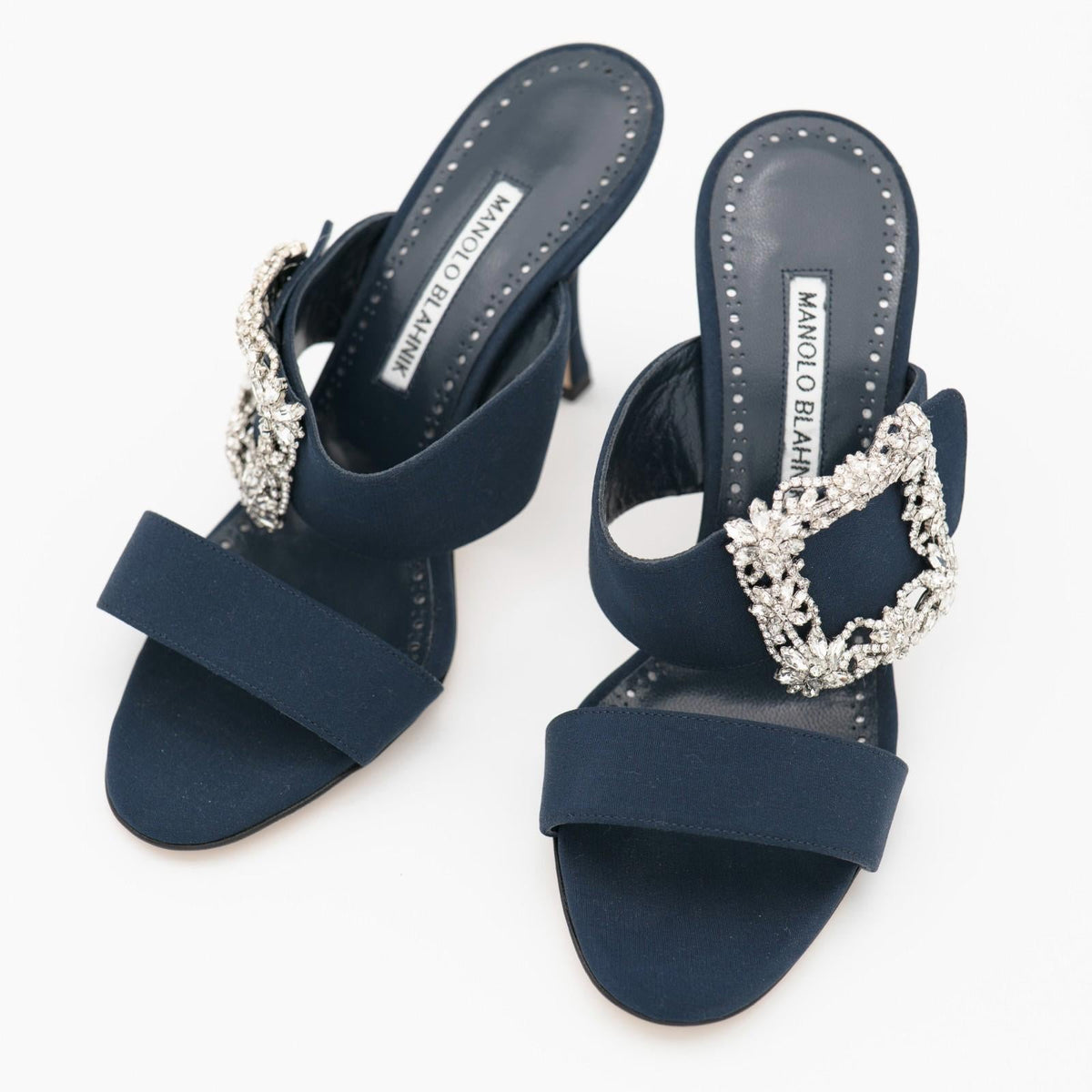 Manolo Blahnik Navy Gable 90 Jewel Buckle Mules Size 36