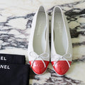 Chanel White Lambskin Red Patent CC Cap Toe Bow Ballet Flats Size 36