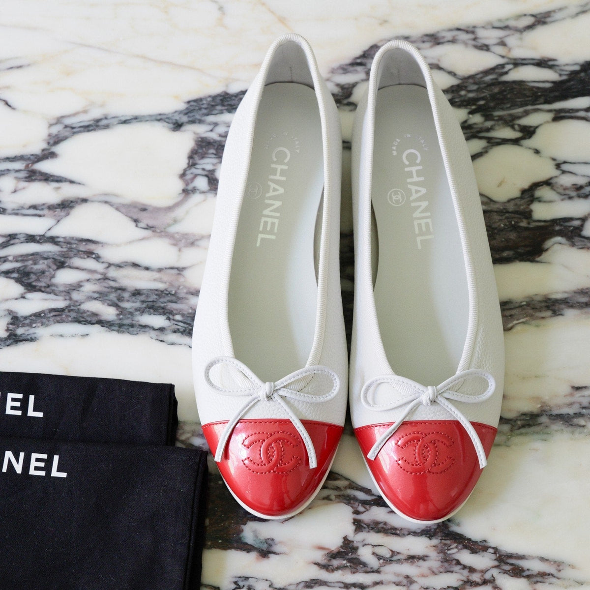 Chanel White Lambskin Red Patent CC Cap Toe Bow Ballet Flats Size 36